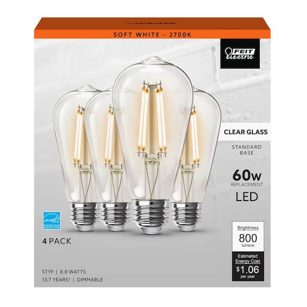 60-Watt Equivalent ST19 Dimmable Straight Filament Clear Glass E26 Vintage Edison LED Light Bulb, Soft White (4-Pack)