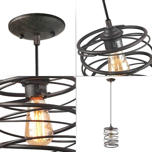 1-Light Industrial Farmhouse Bronze Pendant Geometric Lantern Cage Drum Island Pendant Light with Spiral Metal
