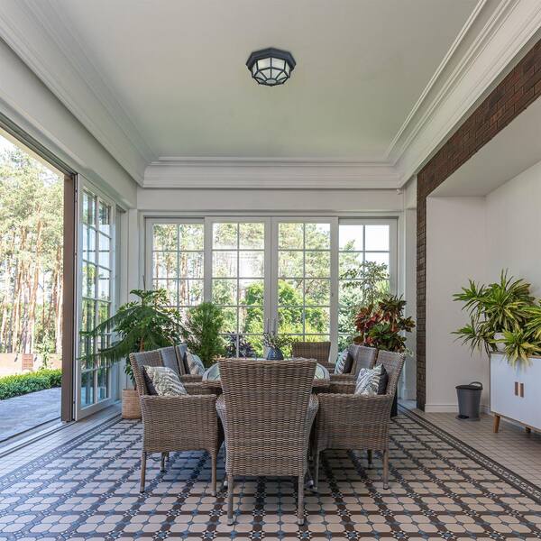 2-Light Black Outdoor Flush Mount Light with Frosted Glass Shade