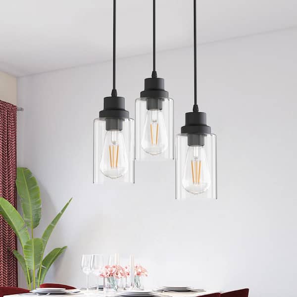 3-Light Black Vintage Cluster Hanging Ceiling light Fixture Pendant with Clear Glass Shade for Kitchen Dining Room
