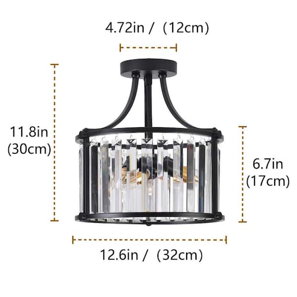 Modern 12.6 in. 3-Light Crystal Semi-Flush Mount Matte Black Close to Ceiling Light Fixtures