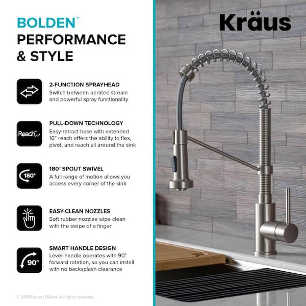 Bolden Single Handle 18-Inch Commercial Kitchen Faucet with Dual Function Pull Down Sprayhead in Stainless Steel Finish
