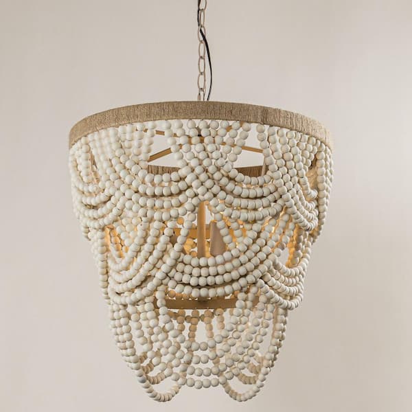 Modern Boho Dining Room Chandelier 4-Light Distressed White Island Chandelier with Wood Beads and Rope