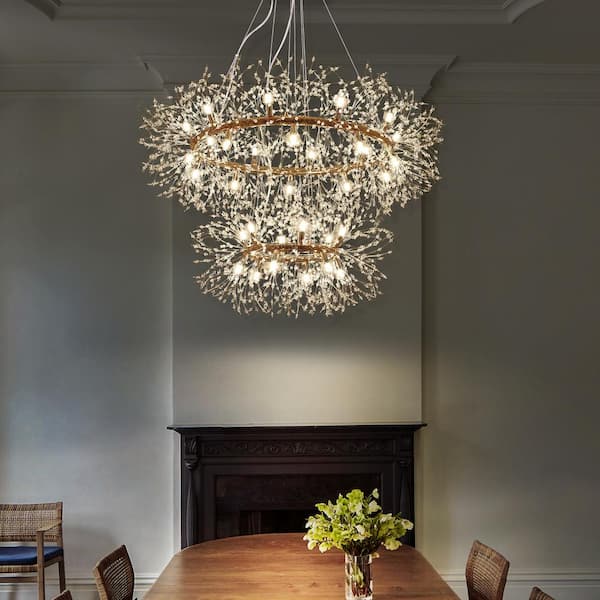 Calzada Decor 32-Light Gold Dandelion Firework Chandelier, 2-Tier Round Pendant Ceiling Lighting
