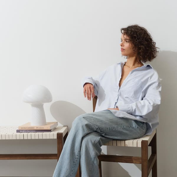 Mushroom 12.75 in. White LED Round Table Lamp with Striped Glass Shade