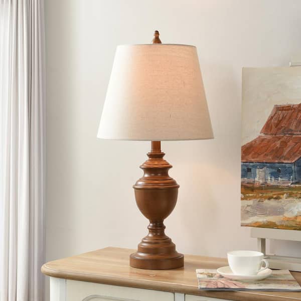 24 in. French Oak Table Lamp with Heathered Light Beige Hardback Fabric Shade