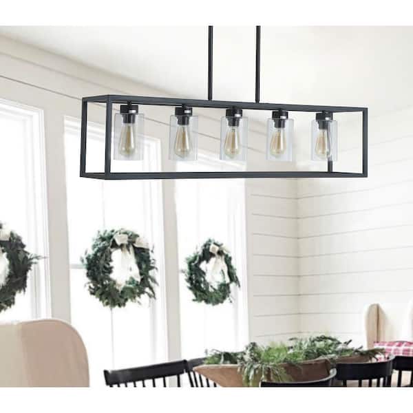 5 -Light Black Unique Statement Square Rectangle Chandelier With Glass Shade