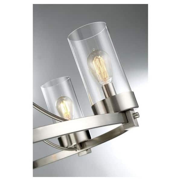 Meridian 26 in. W x 23 in. H 5-Light Brushed Nickel Chandelier with Clear Glass Cylindrical Shades