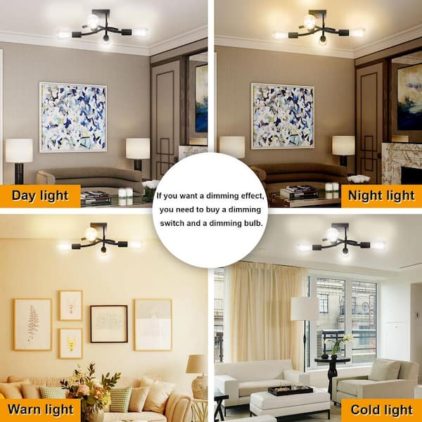 21.46 in.  4-Light Farmhouse Industrial Modern Black Semi Flush Mount Ceiling Light Fixture Ceiling Lamp