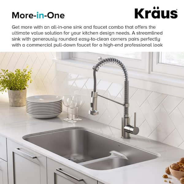 Ellis All-in-One Undermount Stainless Steel 32 in. 50/50 Double Bowl Kitchen Sink with Commercial Pull-Down Faucet