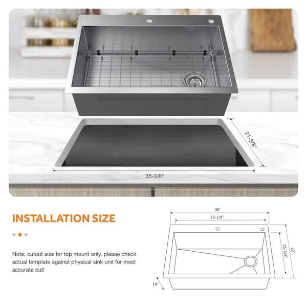 AIO Zero Radius Drop-In/Undermount 16G Stainless Steel 36 in. 2-Hole Single Bowl Kitchen Sink with Spring Neck Faucet
