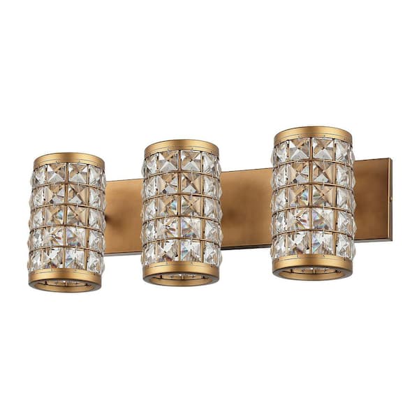 Modern Powder Bath Room Vanity Light, 21.6 in. 3-Light Gold Wall Sconce Light with Cylinder Crystal Shade