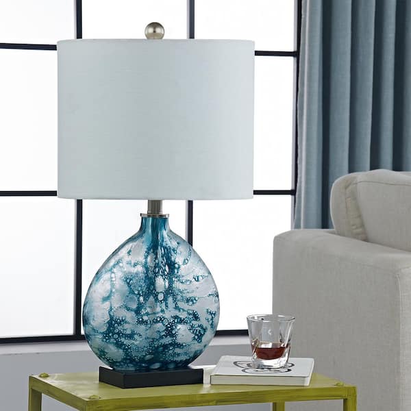 Denver 23 in. Bedside Blue Glass Table Lamp with White Linen Shade