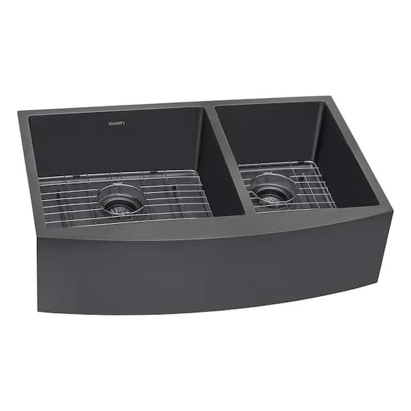 Gunmetal Black 16-Gauge Stainless Steel 33 in. 60/40 Double Bowl Farmhouse Apron Kitchen Sink