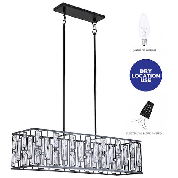 5-Light Black Rectangular Island Chandelier with Faceted Crystals