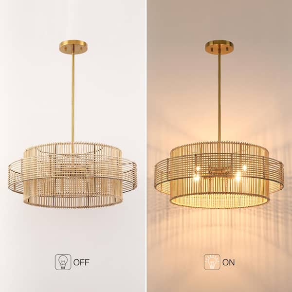 Saturn 22 in. 4-Light Brass Modern Bohemian Chandelier with Natural Rattan Shade