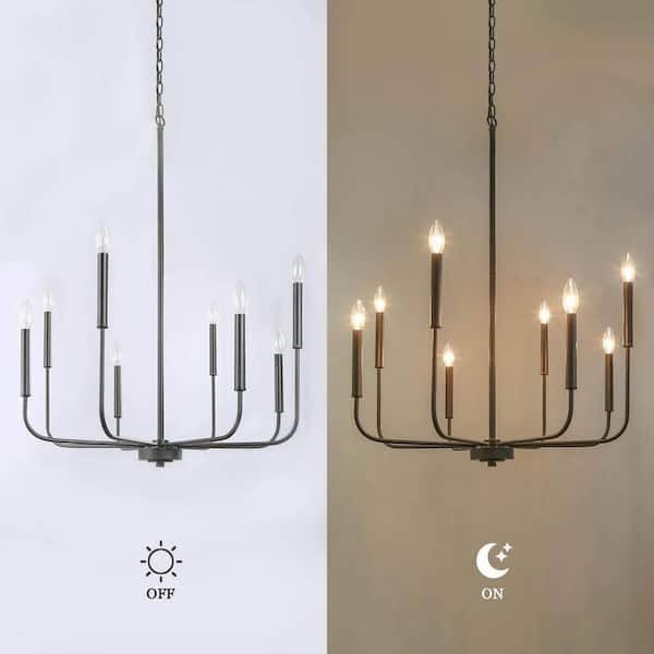 Modern 8-Light Black Chandelier with Rustic Linear Candlestick Holder