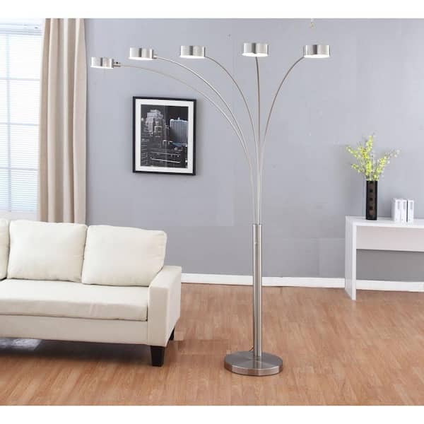 Micah Plus Modern LED 88 in. 5-Arc Brushed Steel Floor Lamp with Dimmer