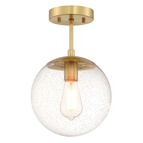 Gracelyn Modern 14.36 in. 1-Light Satin Gold Smart Semi-Flush Mount Ceiling Light with Clear Seedy Glass Globe Shade
