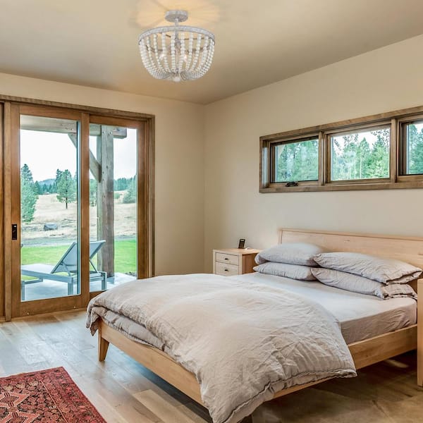 16 in. Modern Farmhouse Antique White Wood Beaded Semi-Flush Mount, 3-Light Bohemian Round Basket Ceiling Lighting