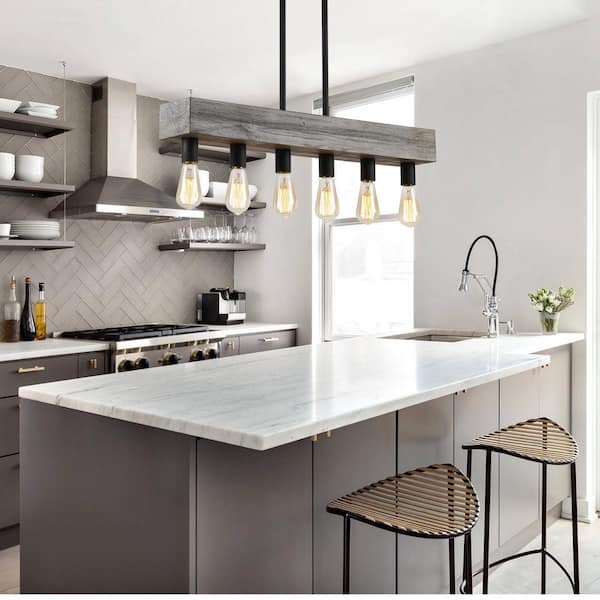 6-Light Distressed Wood Beam Farmhouse Linear Island Chandelier for Dining Room