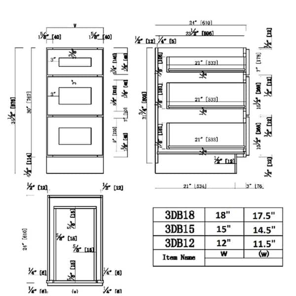 Brookings Plywood Ready to Assemble Shaker 15x34.5x24 in. 3-Drawer Base Kitchen Cabinet in White