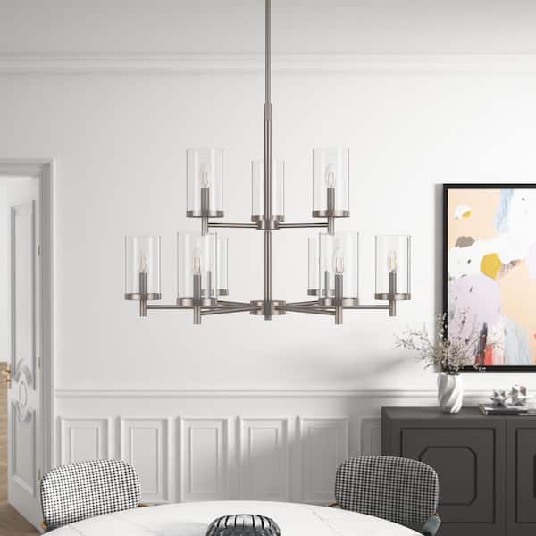 31 in. 9-Light 2-Tier Large Kitchen Island Chandelier Brushed Nickel Farmhouse Ceiling Hanging Fixture