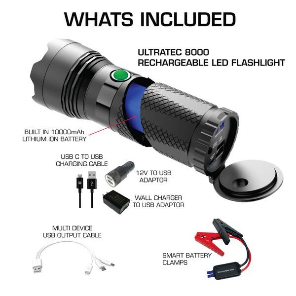 8000 Lumen Rechargeable Flashlight with 10000 mAH Jump Starter and Power Bank