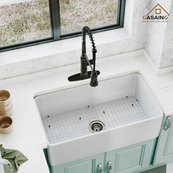 Glossy White Fireclay 30 in. Single Bowl Farmhouse Apron Kitchen Sink with Bottom Grid and Strainers With CUPC Certified