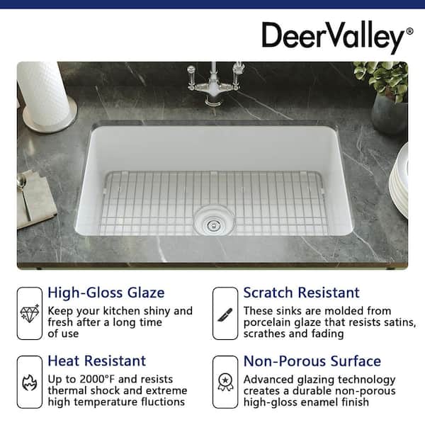 Glen White Rectangular Fireclay 32 in. Single Bowl Undermount/Drop-In Kitchen Sink with Basket Strainer and Sink Grid