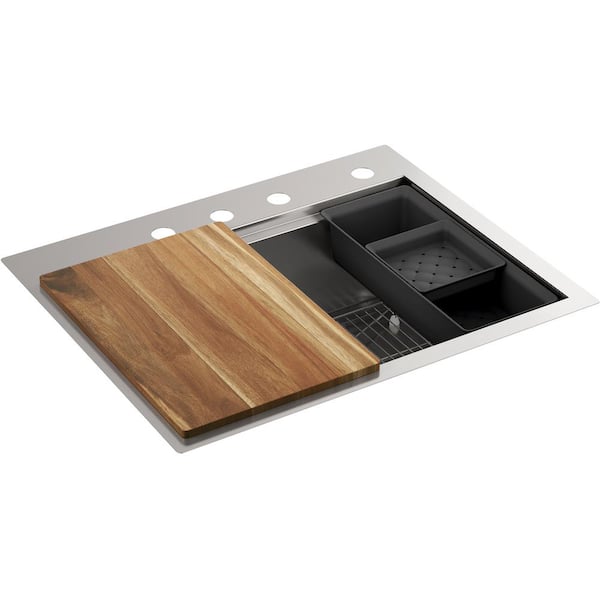 Lyric Dual Mount Workstation Stainless Steel 27 in 4-Hole Single Bowl Kitchen Sink with Integrated Ledge and Accessories