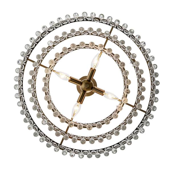 4-Light Brass and Tiered Crystal Pendant Light Fixture with Hanging Crystal Beaded Shade