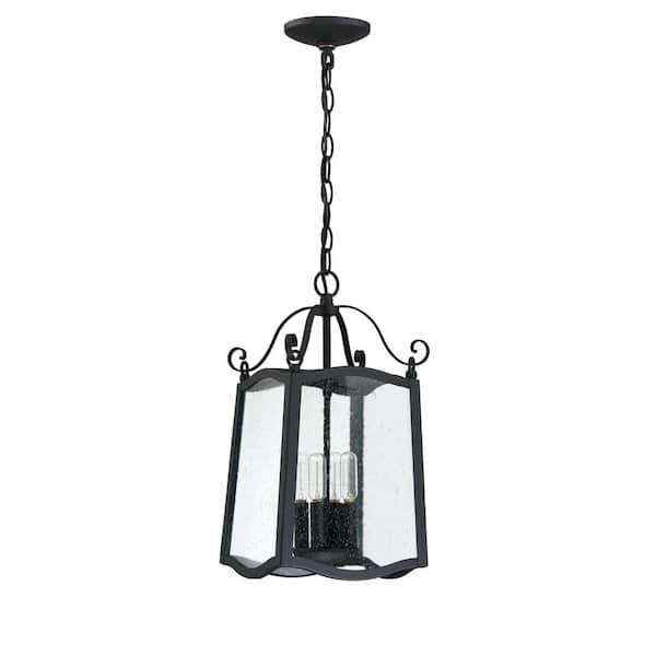 Glenwood 4-Light Black Outdoor Hanging Lamp with Clear Seedy Glass Shade
