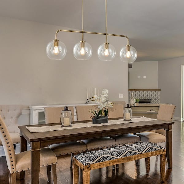 Friedlander 4-Light Brass Island Chandelier with Clear Glass Shades, Modern Linear Kitchen Pendant Light