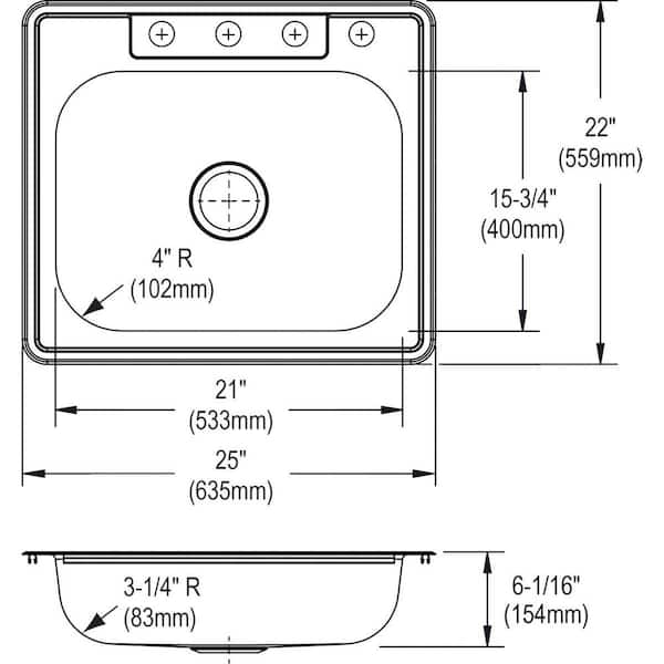25 in. Drop-in Single Bowl 22 Gauge Stainless Steel Kitchen Sink