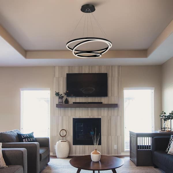 Tania 98-Watt 32 in. ETL Certified Integrated LED Black Chandelier Height Adjustable With 3-LED Circles Hanging Pendant