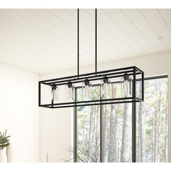 5 -Light Black Unique Statement Square Rectangle Chandelier With Glass Shade