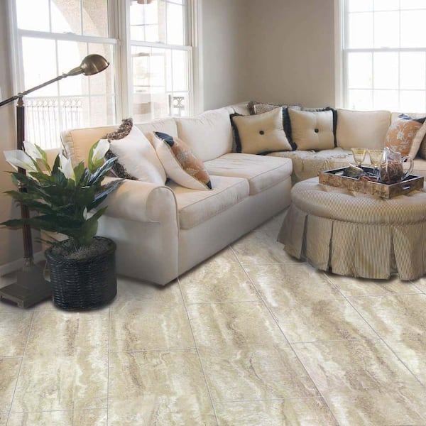Light Grey Travertine 4 MIL x 12 in. W x 24 in. L Peel and Stick Water Resistant Vinyl Tile Flooring (20 sqft/case)