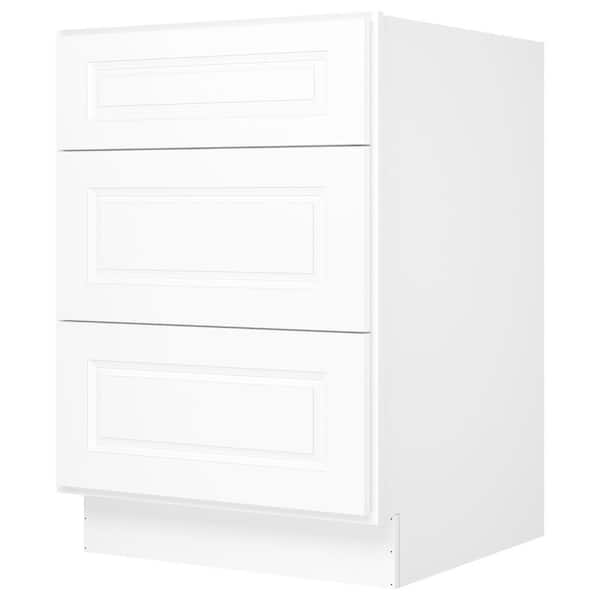 24 in. Wx24 in. Dx34.5 in. H in Raised Panel White Plywood Ready to Assemble Drawer Base Kitchen Cabinet with 3 Drawers