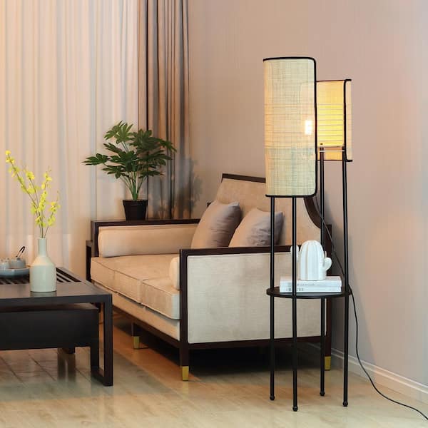 Mazal - 61 in. Natural Bamboo Wicker Standard Indoor Floor Lamp With Shelf With No Bulb Included
