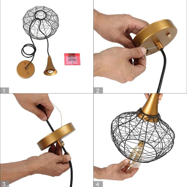 Modern Cage Ceiling Light Lirin 1-Light Brushed Gold Farmhouse Dome Semi-Flush Mount Light with Black Metal Shade