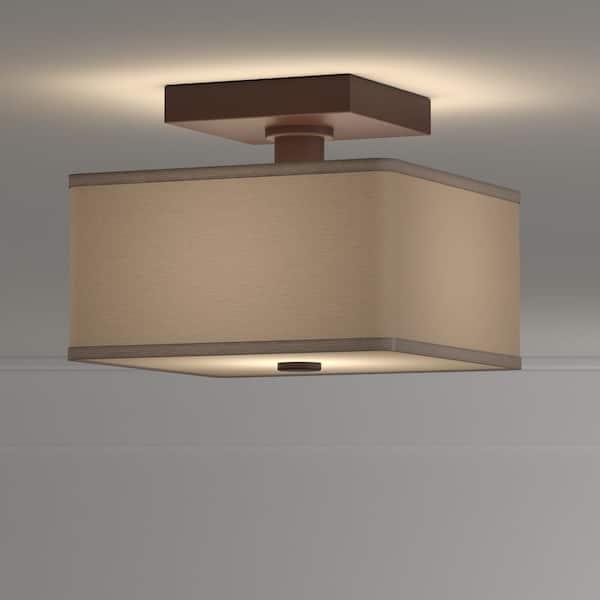 Glenburn 12 in. 2-Light Oil-Rubbed Bronze Semi-Flush Mount with Cube Golden Fabric Shade