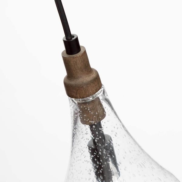 Modern Farmhouse Teardrop Kitchen Island Pendant Lighting Maya 1-Light Black Wood Pendant Light with Seeded Glass Shade