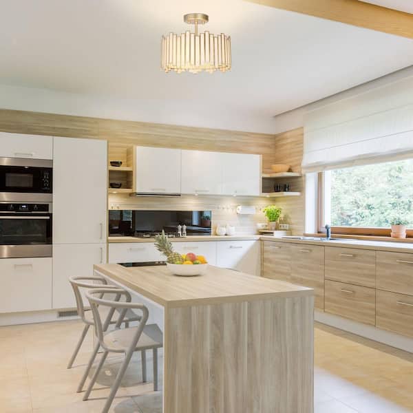 Modern 13 in. 3-Light Gold Drum Semi-Flush Mount with White Stained Glass Shade