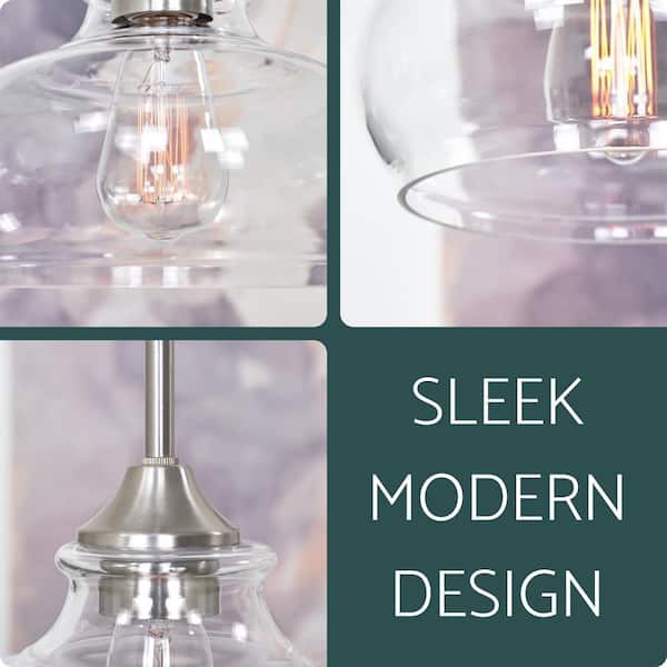 Harlow 9 in. 60-Watt 1-Light Brushed Nickel Modern Schoolhouse Pendant Light with Clear Glass Shade