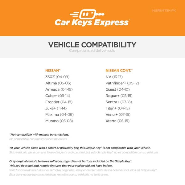 Nissan Simple Key - 4 Button Remote and Key Combo with Trunk