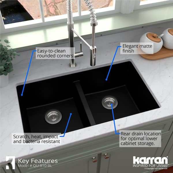 Quartz Black 32 in. 50/50 Double Bowl Composite Undermount Kitchen Sink