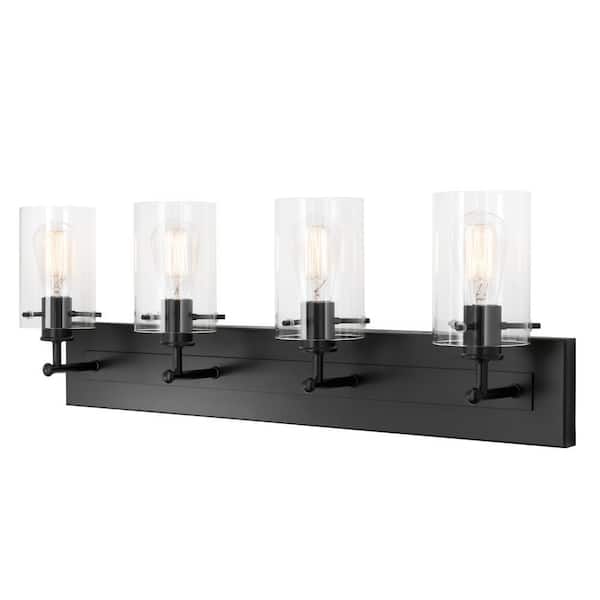Regan 29.25 in. 4-Light Matte Black Bathroom Vanity Light with Clear Glass Shades