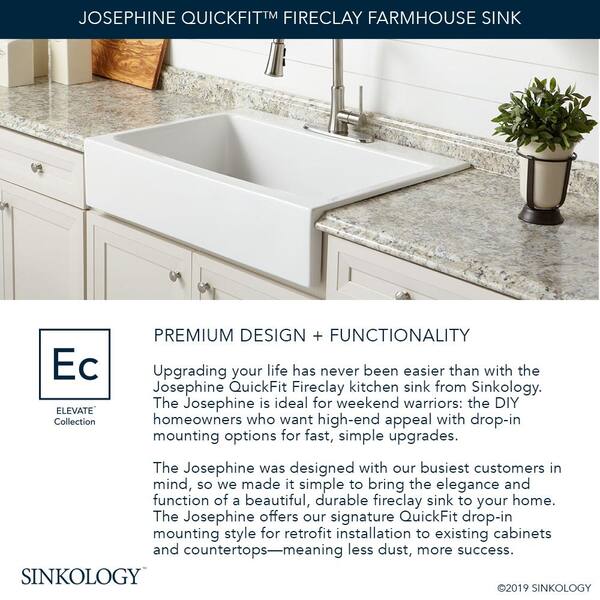 Josephine 34 in. 3-Hole Quick-Fit Drop-In Farmhouse Single Bowl Crisp White Fireclay Kitchen Sink with Strainer Drain