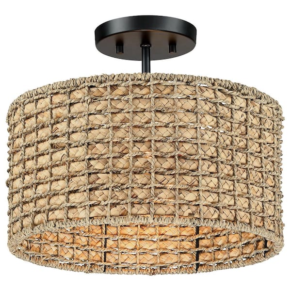 Elis 13.6 in. 2-Light Natural Rattan Semi-Flush Mount Ceiling Light with Black Canopy